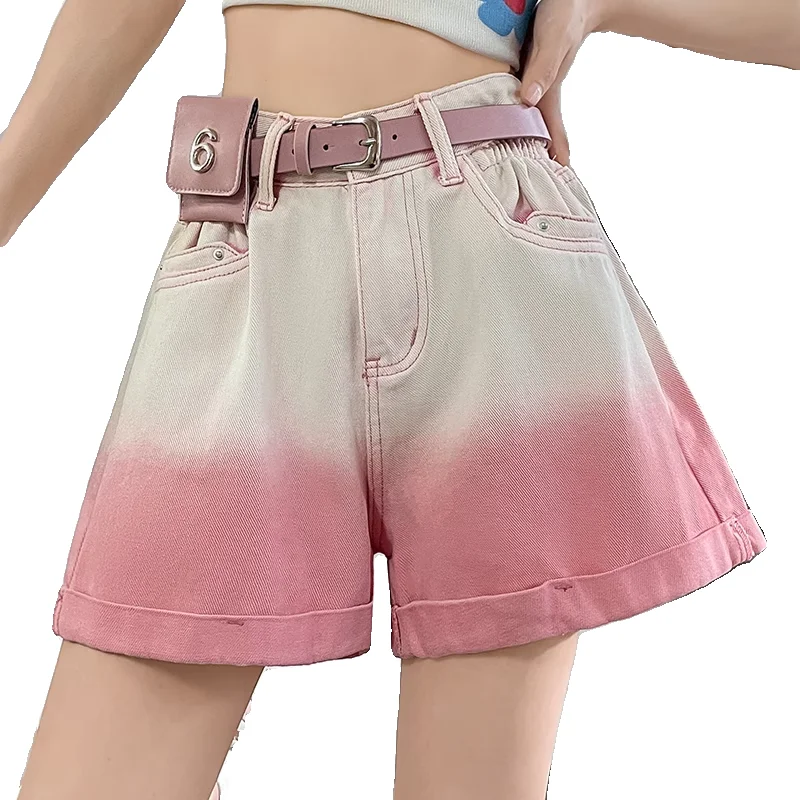 Denim Shorts Gradient Pink High Waist Women Summer 2024 Fashion A Line Short Jeans Pink Shorts Jeans Feminino