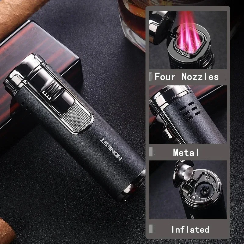 

HONEST 4 Torch Cigar Lighter with Cutter Metal Windproof Jet Lighter Spray Gun Turbo Butane Gas Cigarette Lighter Smoking Gadget