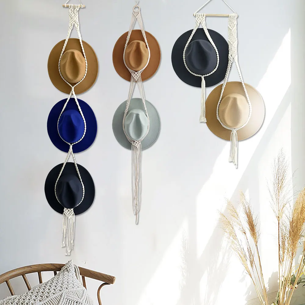 Nordic Style Boho Cotton Hanging Hat Organizer Display Rack Storage Cap Holder Scarf Hanger Macrame Tapestry Wall Decor