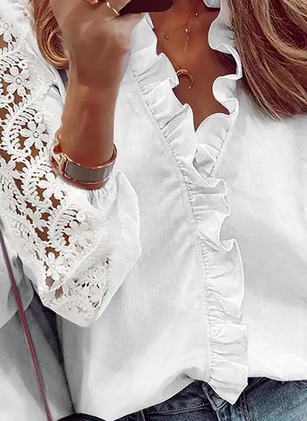 قميص أبيض بأكمام طويلة من الدانتيل للنساء، تصميم عصري بياقة على شكل V، قطعة واحدة مستقيمة من نسيج البوليستر، أنيق #1