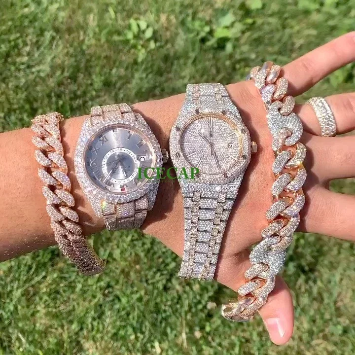 100% Pass The Diamond Tester Hip Hop Moissanite Diamond Iced Out Horloge Heren Sieraden Pols Datum Mechanisch Moissanite Horloge