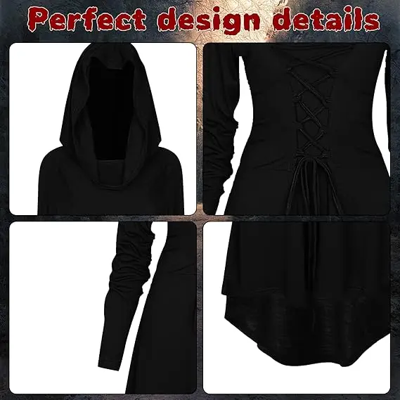 أزياء عصر النهضة النسائية، أزياء الهالوين للنساء في العصور الوسطى، زي بقلنسوة عتيق، فستان بلوفر عالي ومنخفض