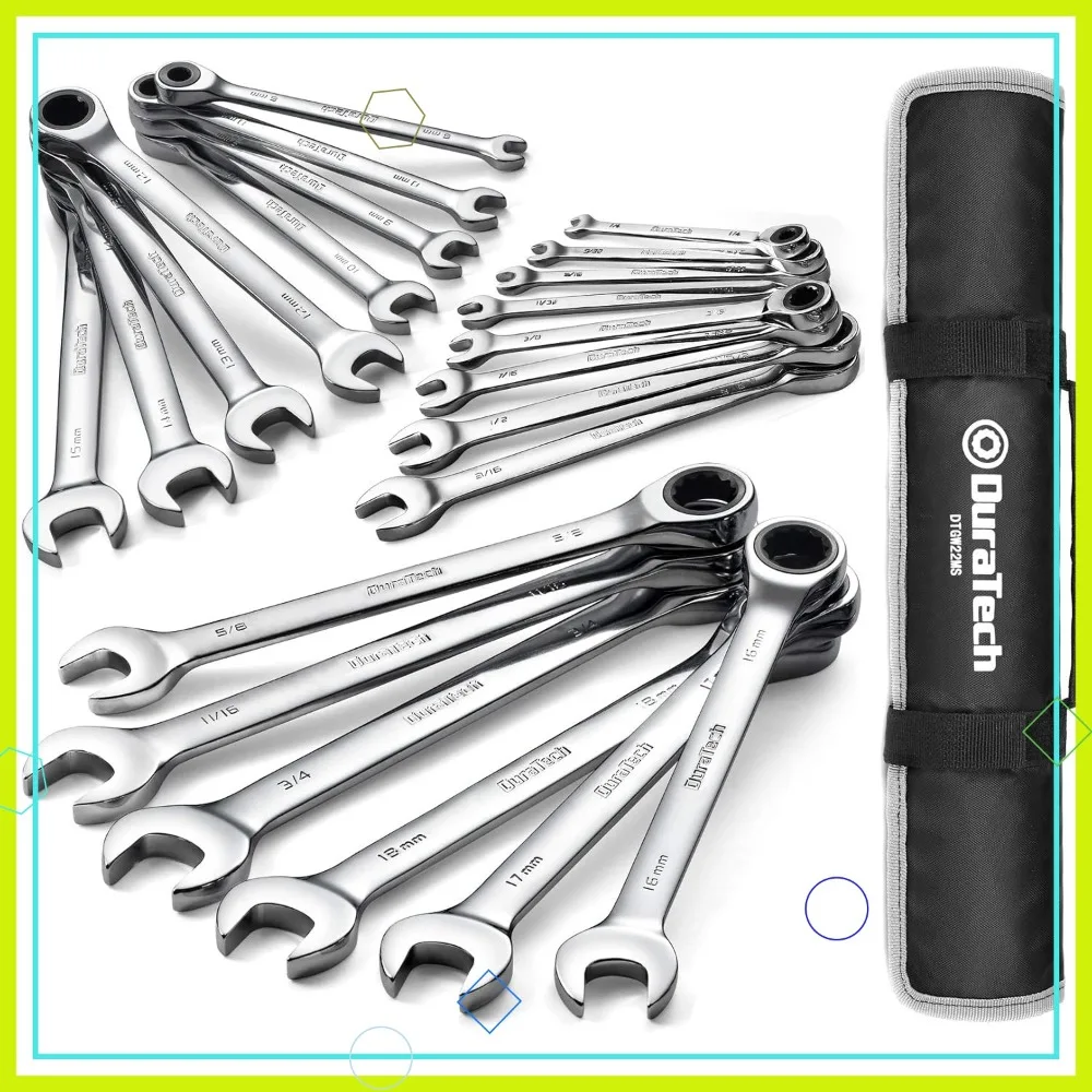 

22-Piece Ratcheting Combination Wrench Set, SAE & Metric, 1/4"-3/4" & 6-18mm, CR-V Steel with Pouch