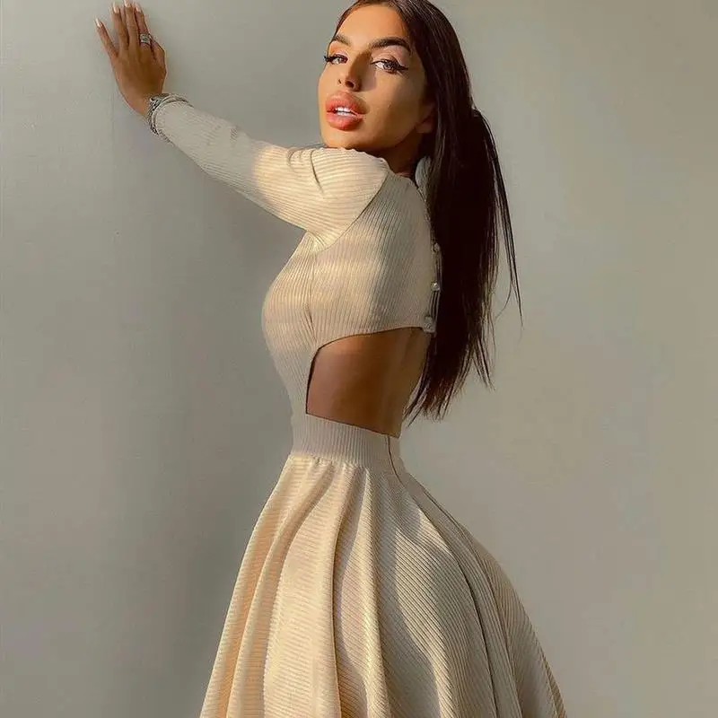 

Spicy Girl Sle Color round Ne Ba Hollow A-Line Dr Long Sve ort Dr High Waist Polyester Fabric Basic Model