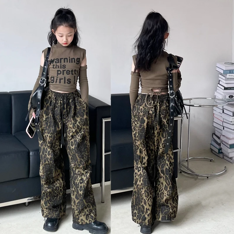 2024 New Jazz Modern Dance Costumes For Girls Crop Tops Leopard Pants Suit Streetwear Kids Clothing Hip Hop Stage Wear DQS15741