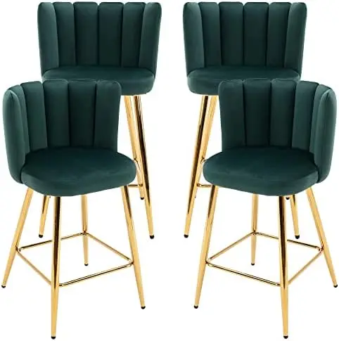 26' Velvet Barstools Set of 4, Green, Gold Legs, Modern Kitchen Island Stools