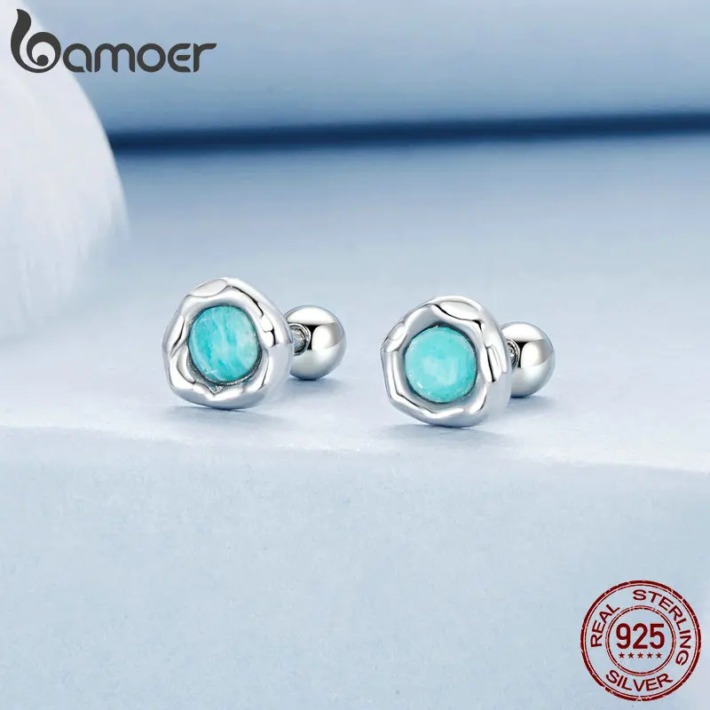 BAMOER 925 Sterling Silver Round Natural Amazonite Earrings Jewelry for Women Hypoallergenic Earrings for Sensitive Ears BSE1056