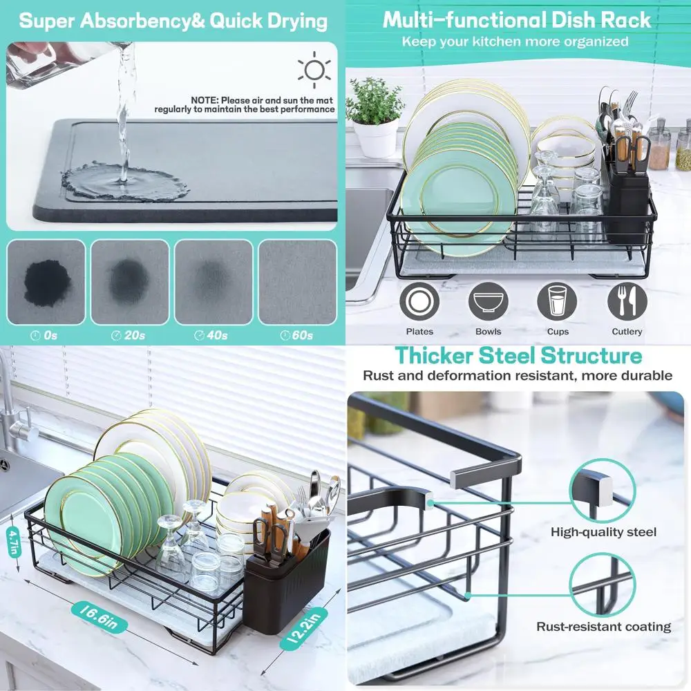 

Space-Saving Stainless Steel Dish Rack with Stone Mat, Fast Drying, Durable, Kitchen Counter Organizer (Black)