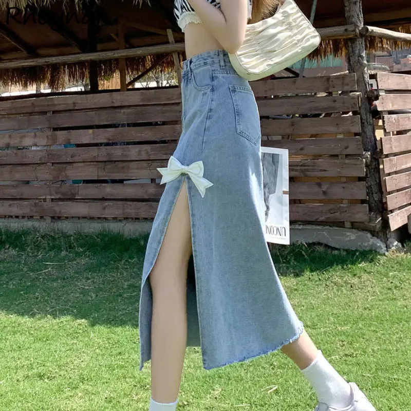 Denim Skirts Women Side Slit Bow Sweet High Waisted Japanese Kawaii Fashion Clothing Designer Teens Юбка Женская Minimalist Chic