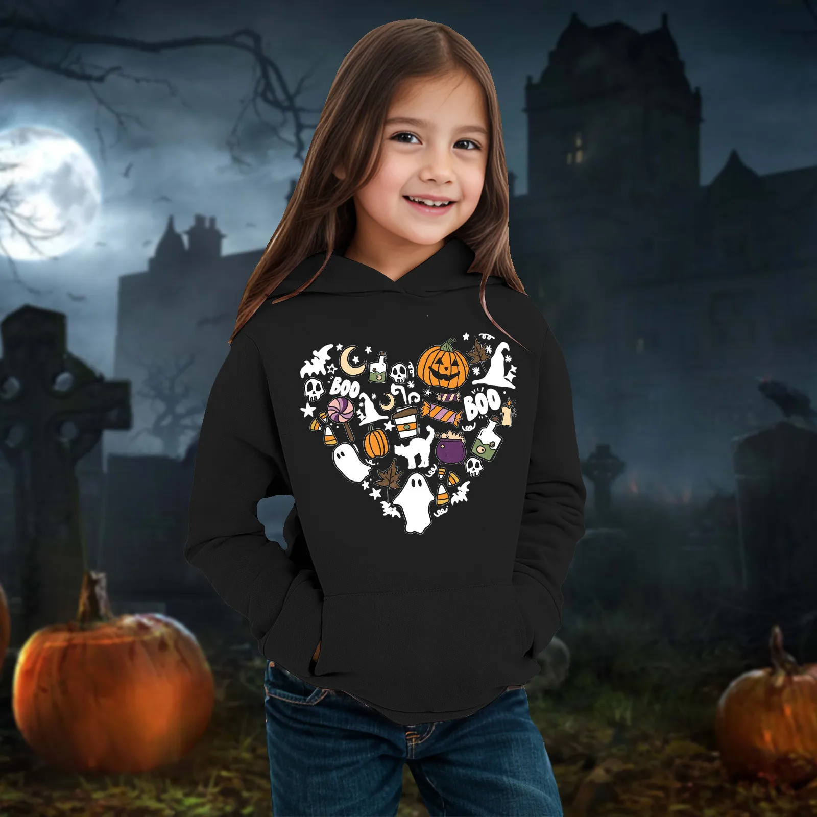 Children's Long Sleeved Halloween Heart-shaped Printed Hooded Top Baby Boy Halloween Outfits Ghost Print Long Sleeve Sweatshirt