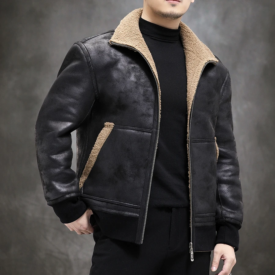 

New Men's Faux Shearling Leather Jacket Reversible Sheepskin Coat Winter Warm Thick Fur Collar Bomber