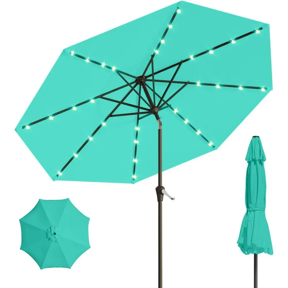 

32 LED Lighted Patio Umbrella with Crank, UV-Resistant for Outdoor, Pool, Garden, Deck, Turquoise Blue