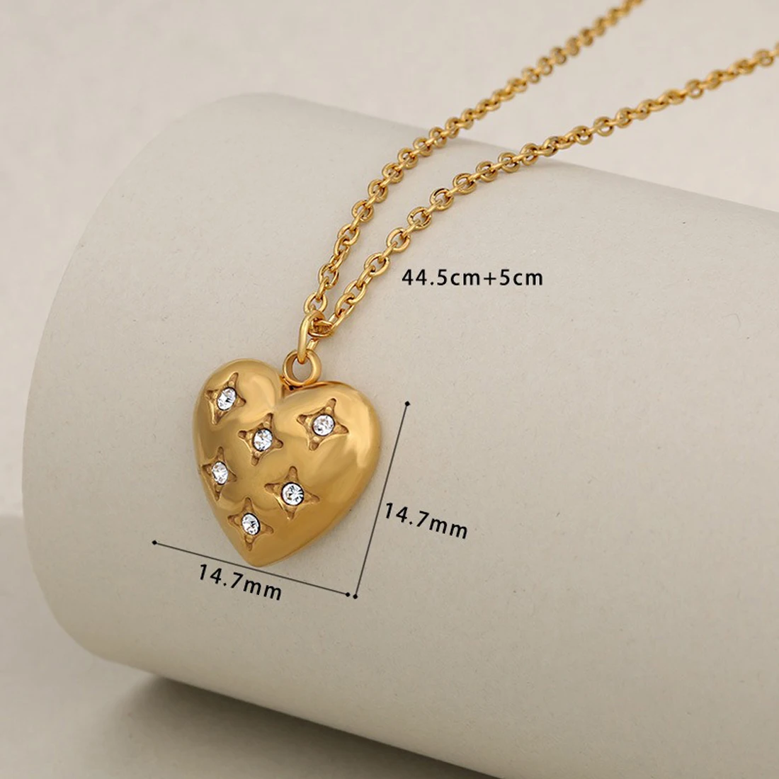 Dainty Embedded Crystal Puffy Heart Jewelry Set Waterproof Stainless Steel Necklace Bracelet Earrings Trendy Minimalist Gifts
