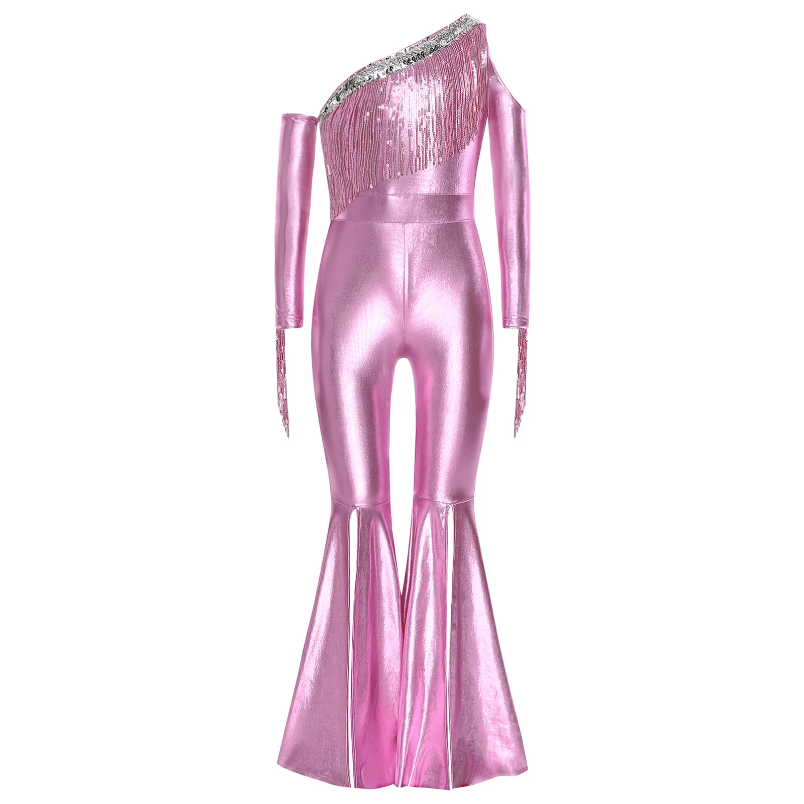 Girls 70s Disco Jazz Dance Cowgirl Jumpsuit Metallic Shiny Sequin Tassel Flared Bodysuit Halloween Carnival School Party Costume
