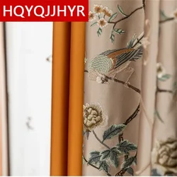 HQYQJJHYR Brown Blue Magpie Embroidered Blackout Curtain For Living Room High-Quality Bedroom Hotel Kitchen Custom Curtain