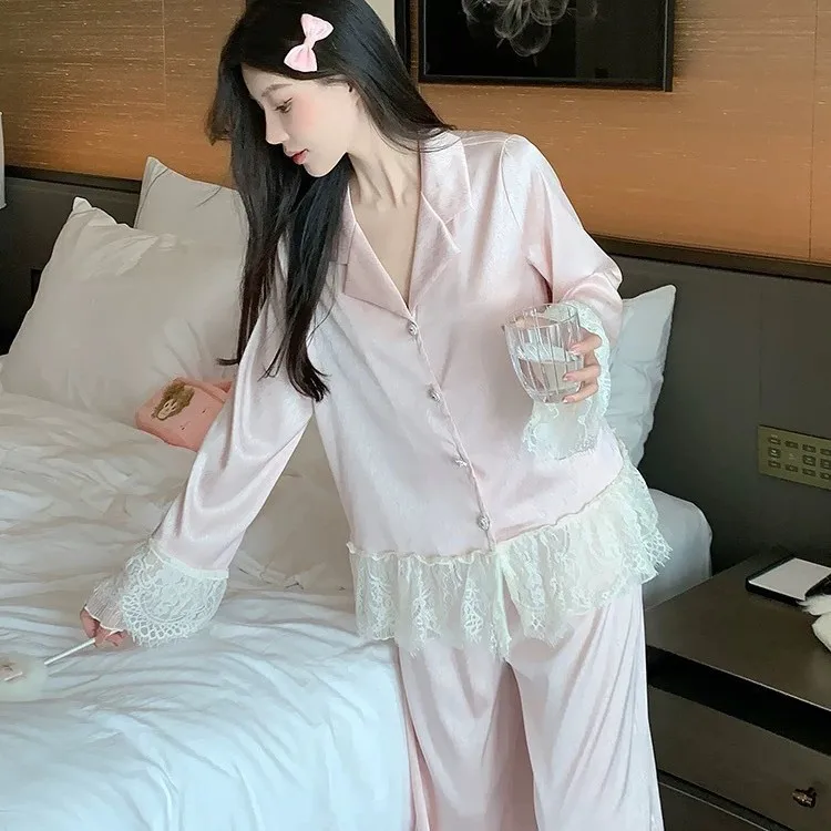Spring and Autumn satin new style temperament ice lace lace lace silk light luxury sleepwear women's home clothes outside sweet