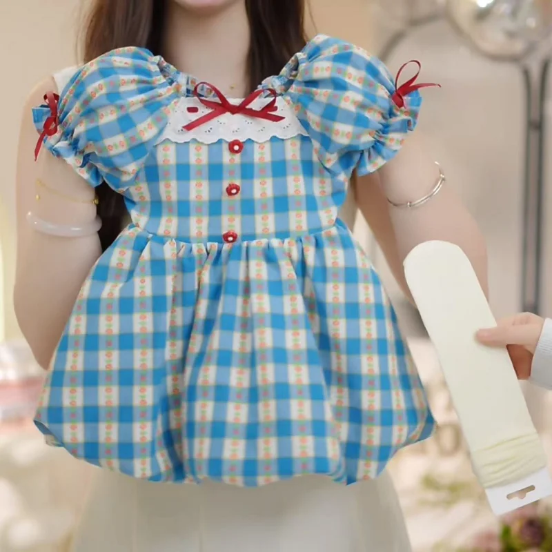 

Korean Girls' Summer Dress New Blue Plaid Short Sleeve French Style Kindergarten Kids Puff SleeveALine skirt