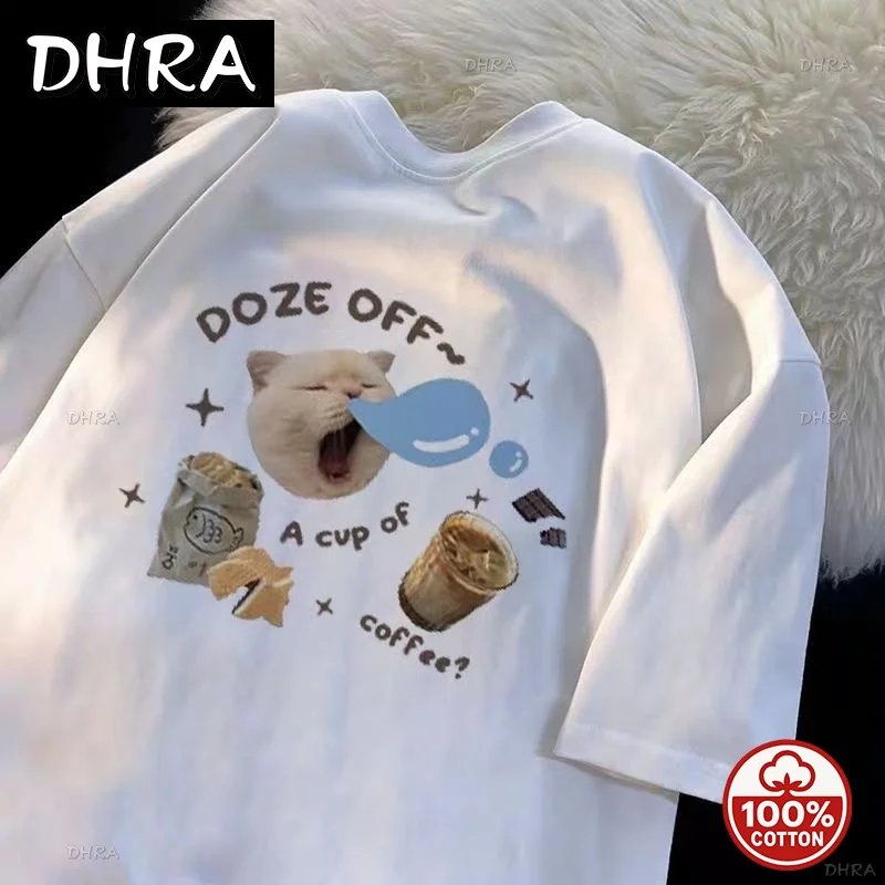 

Women's Sweet Cute Hamburg Cat Print Youth T-shirt Korean Round Neck Top Harajuku Short Sleeve Casual Aesthetic Clothes Hot Sale