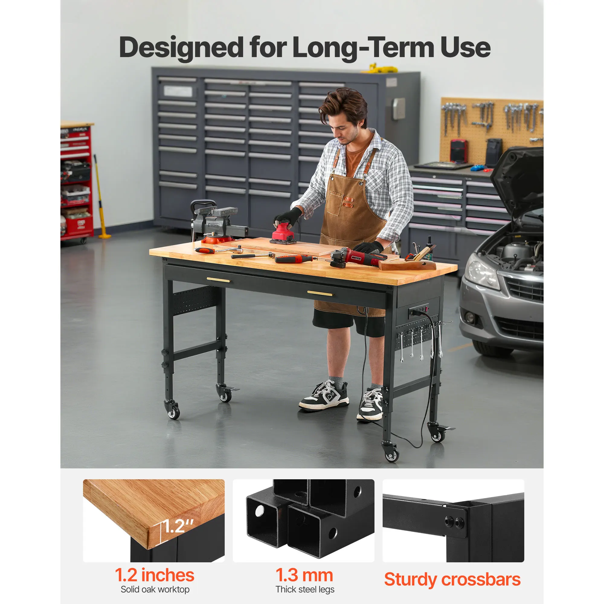 SucceBuy 1500 lbs Meja Kerja Garasi Dapat Disesuaikan dengan Laci & Papan Pasak Bangku Meja Kerja Atas Kayu Ek untuk Bengkel Kerja Kantor