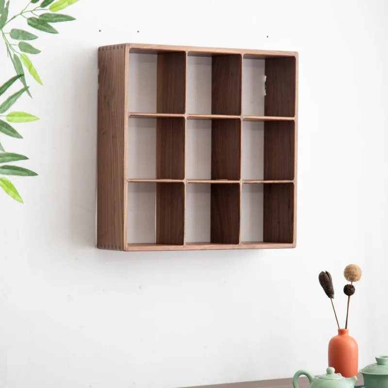 Solid wood retro lattice storage cabinet, teapot, teacup, wall-mounted storage rack, seven palaces and nine palaces, item storag