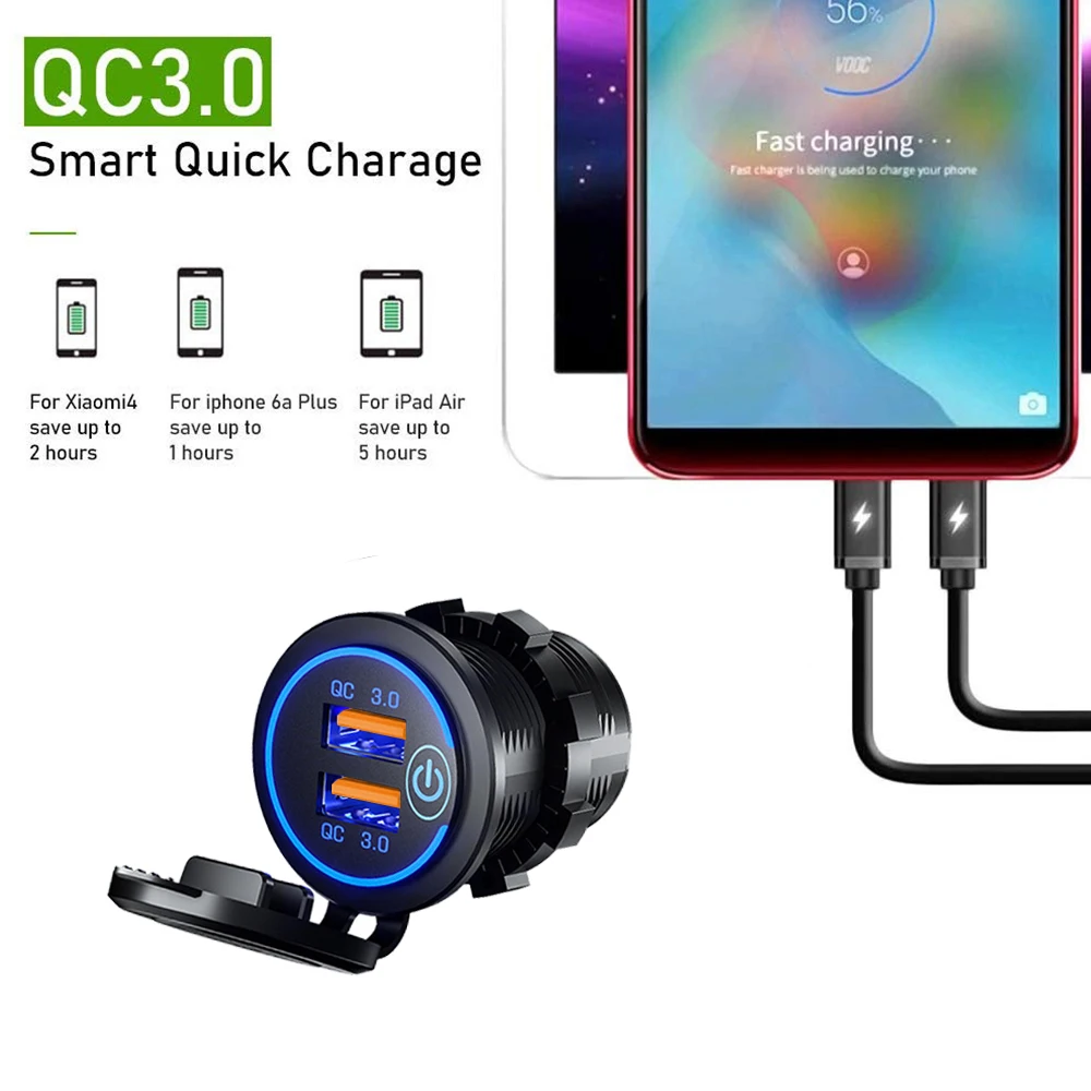 60W Quick Charge 3.0 Dual USB Car Charger Waterproof 12V/24V QC3.0 USB Fast Charger Socket Power Outlet with Touch Switch