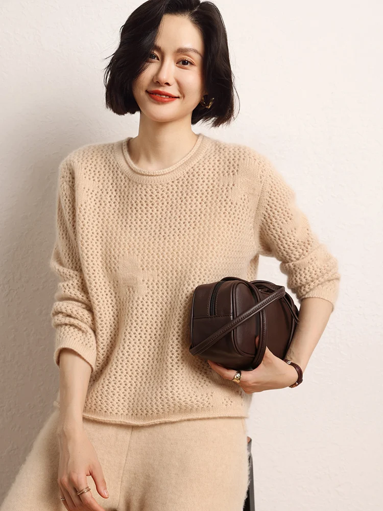 Women's 100% Cashmere Pullover Curl Side Round Collar Sweater Autumn Winter Hollow Out  Cashmere Knitwear Casual Loose Clothing