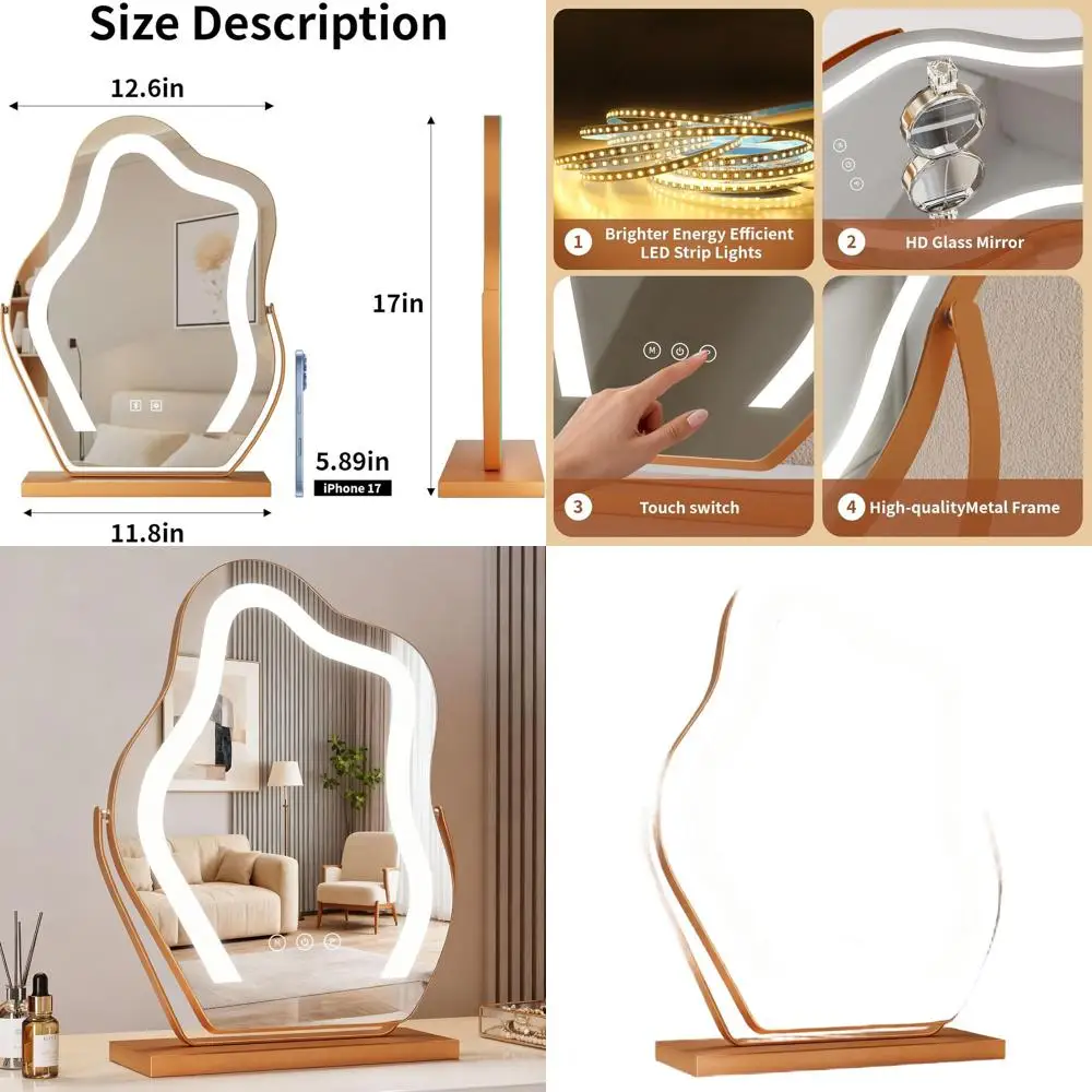 

17 Cloud-Shaped LED Vanity Mirror with Touch Control, 3-Color Dimmable, 360° Rotation, Plug-in for Women & Teens in Champagne Go