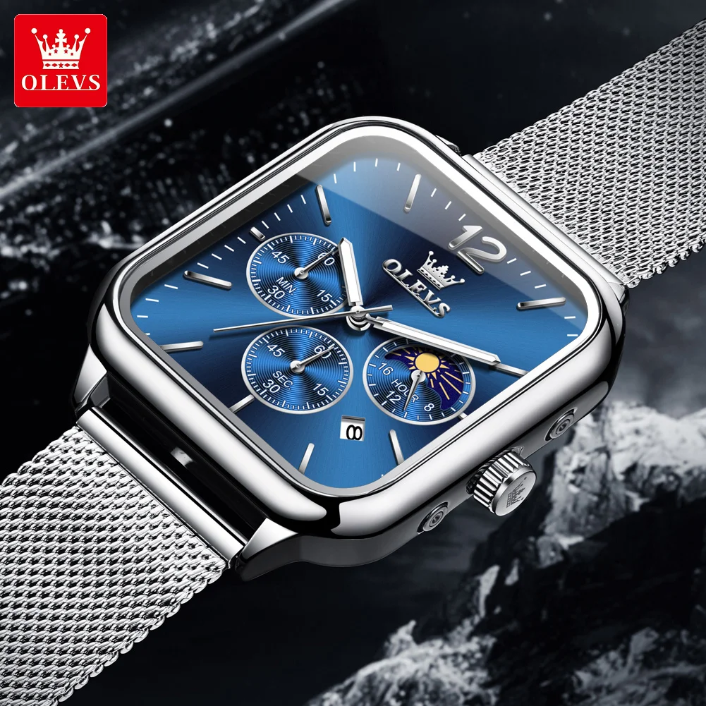 OLEVS 9914 Sport Men Watch Square Quartz Watch Moon Phase Multifunctional Watches For Men Waterproof Luminous Men's Gift