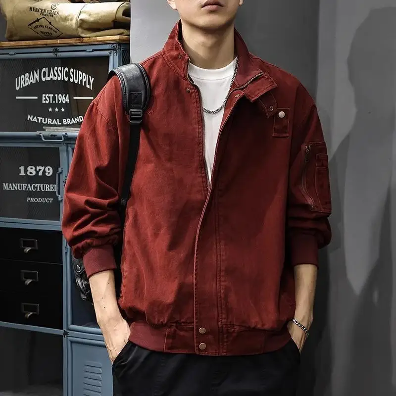 

Мужская свободная куртка на молнии с воротником-стойкой и карманами, повседневная уличная одежда, весенне-осенний стиль