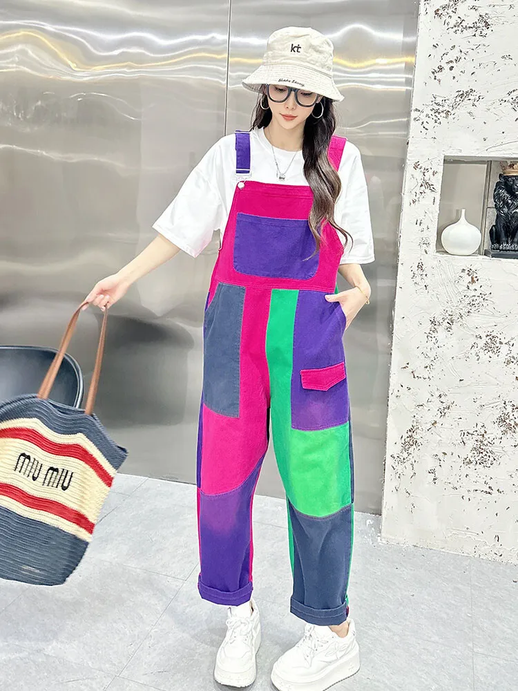 Color blocked workwear denim overalls women's spring summer new styles high-end casual jumpsuit loose and stylish pants 2025