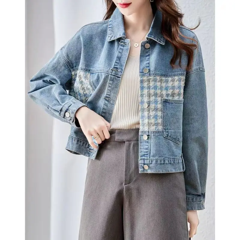 Denim Coats Women Short Coat Casual Turn Down Collar Full Sleeve Y2k Streetwear Jackets Work Elegant Splice Jacket 2025 Autumn