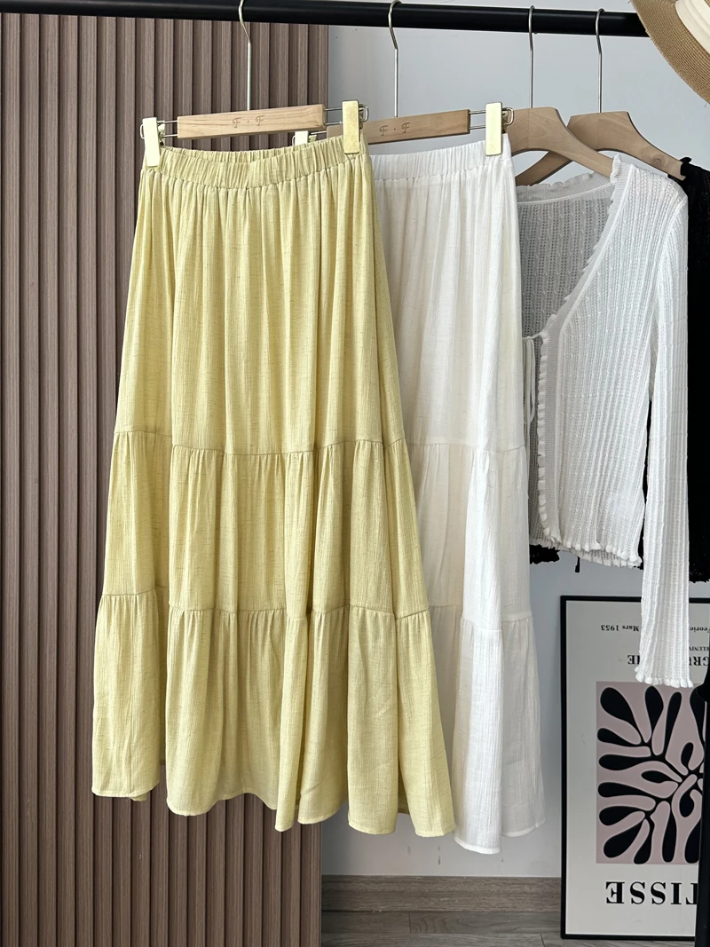 

Slimming A-Line f Skirt Women's Cotton Linen Elastic Waist Texture Detailing Commute Sle High Waist Midi Pure Color