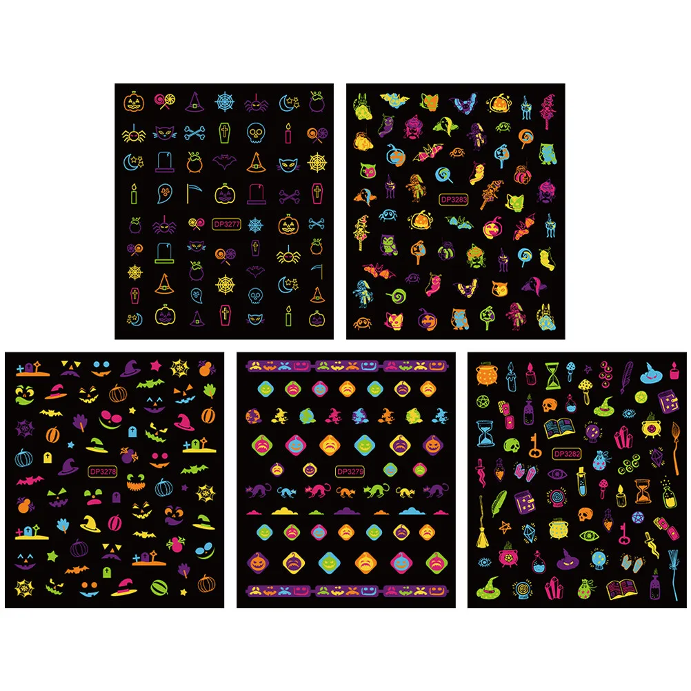 

5 Sheets Stickers Glow in Dark Decorations Pet Material Cartoon Design Women Nail Art Ghost Nail Stickers Supplies