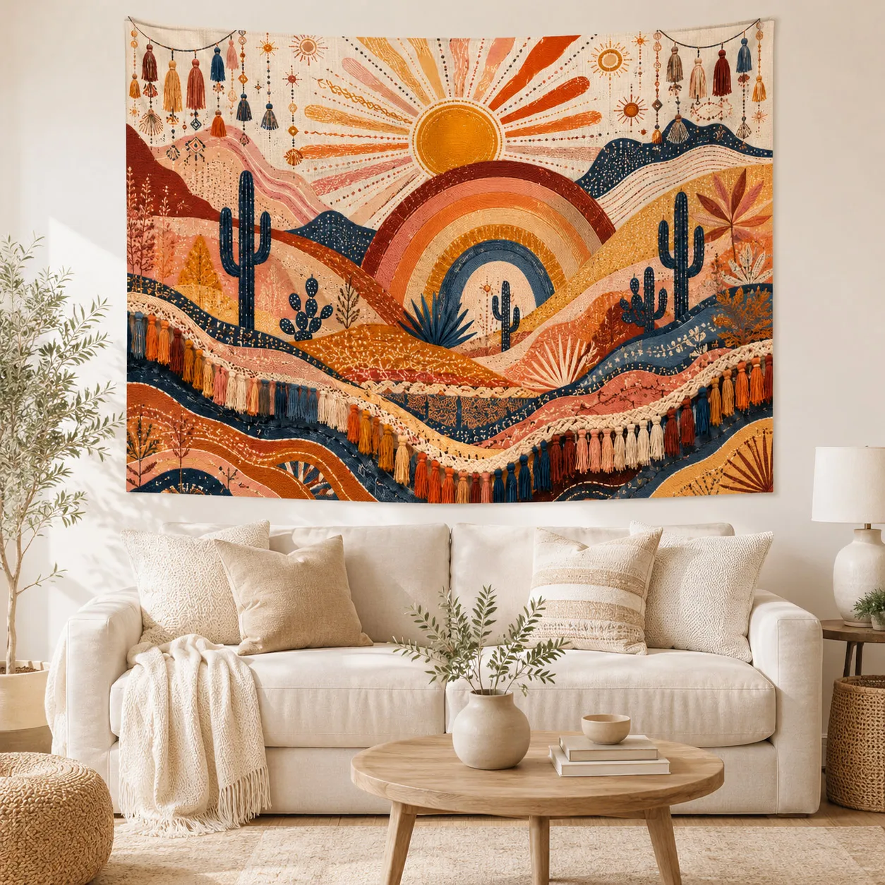 Aesthetic Sun Moon Tapestry Desert Plants Wall Hanging Boho Room Decor Summer Nature Fabric Tapestries