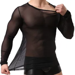 Mens Undershirt Gay clothing Nylon Mesh Shirt See Through Sheer Long Sleeves T Shirts Sexy transparent shirt Underwear