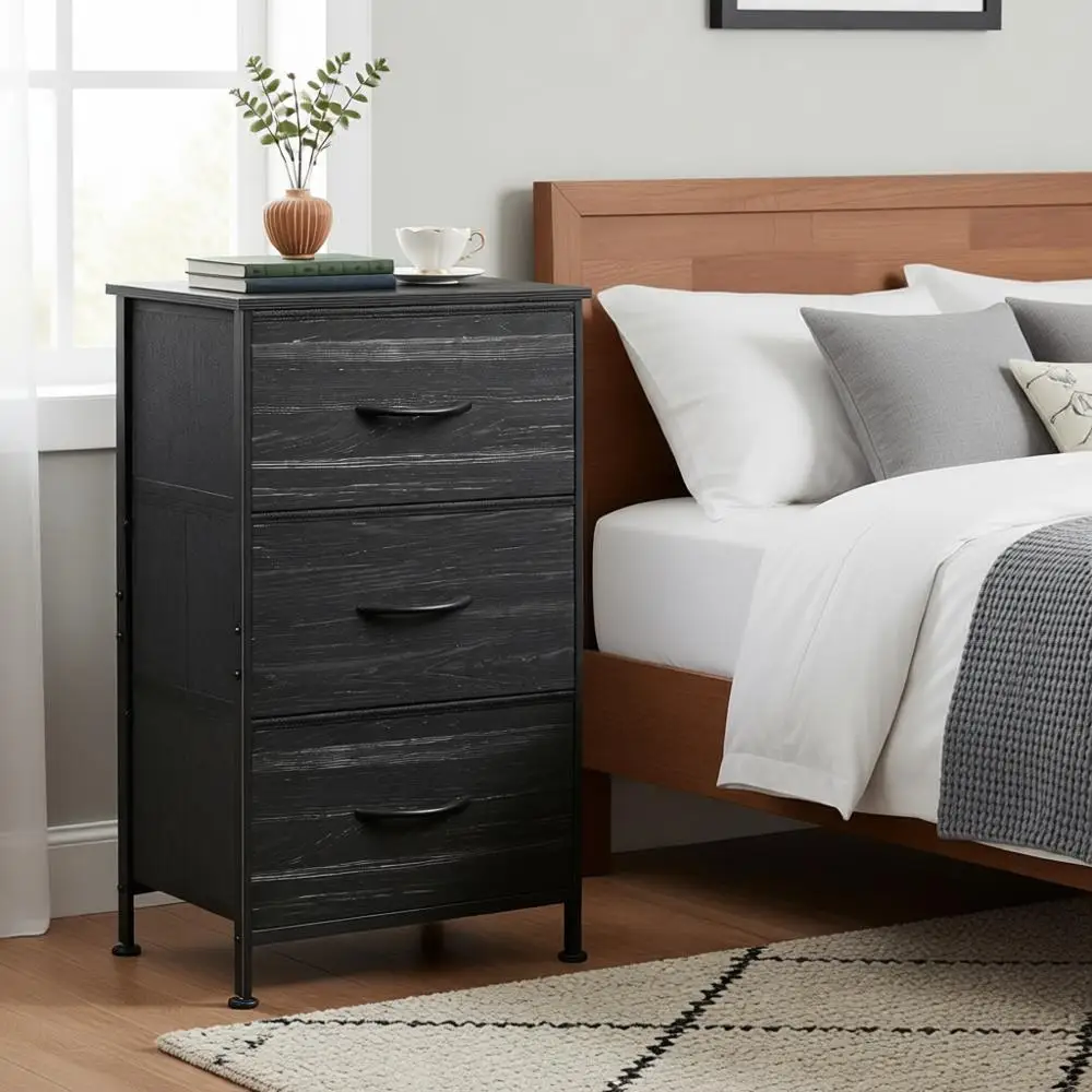 

Прикроватная тумбочка с 3 ящиками, тканевыми ящиками, органайзером, ящиком для хранения, для спальни, прихожей, коридора, гардеробной, стальная рама, дерево