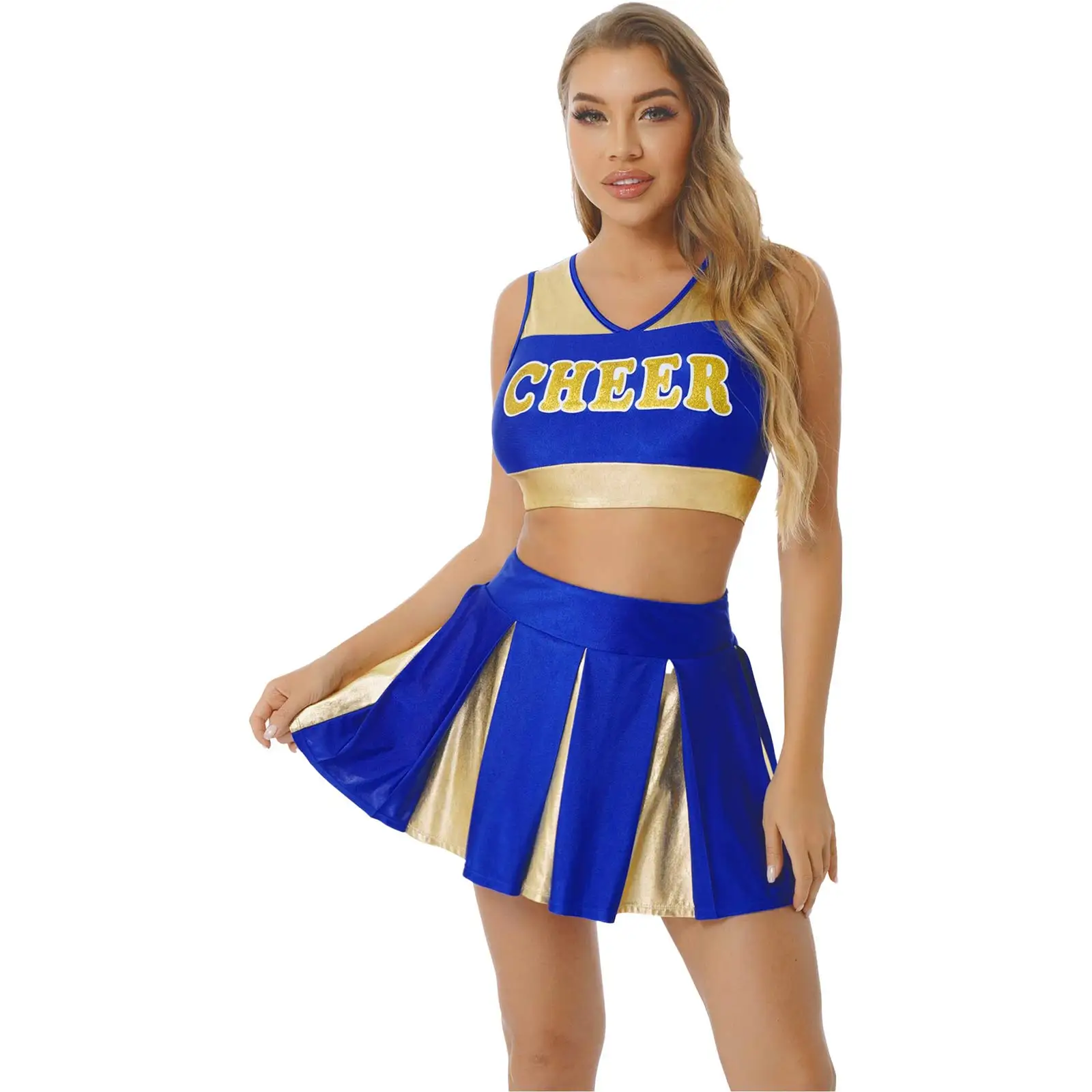 Damski cheerleaderek jednolity strój do tańca cheerleaderka błyszczący nadruk w litery V dekolt Crop Top bez rękawów z plisowaną Mini spódniczką