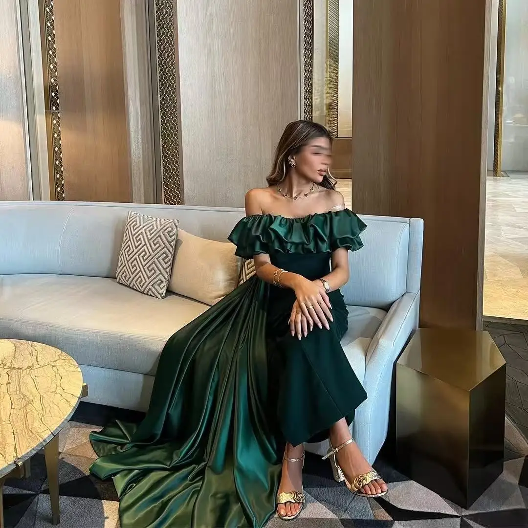 فستان سهرة Eightale 2025 باللون الأخضر الداكن بطول الكاحل لحفلات الزفاف بدون أكتاف للحفلات الراقصة فستان حفلة عربية سعودية مخصص