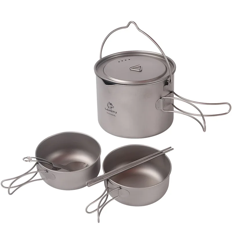 Pure Titanium Outdoor Camping Folding Cup and Bowl 1.5L Hanging Pot with Mouth Picnic Tableware Cooker Set  Kitchen Equipment