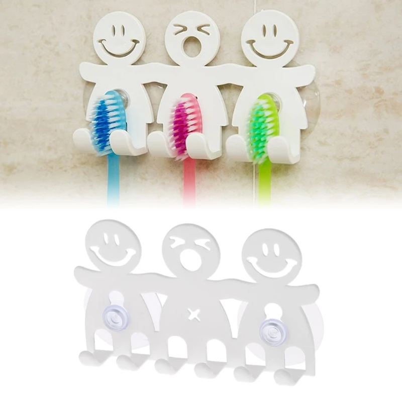 Smiling Face Cartoon Wall Sucker Toothbrush Rack Holder Plastic Home Bathroom Organizer Tool