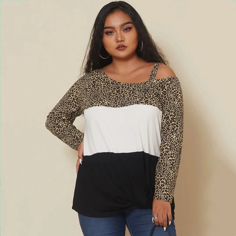 Blusa de manga larga con cuello oblicuo para mujer, blusa elegante con estampado de leopardo, color blanco y negro, talla grande 7XL, primavera y otoño