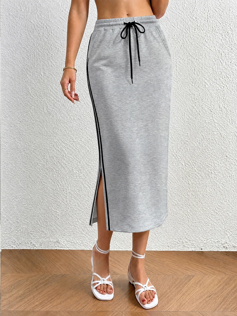 Year-round Wear Athleisure Midi Skirt, Side Slit & Stripes, Spring Fall Sightseeing & City Tour Outfit