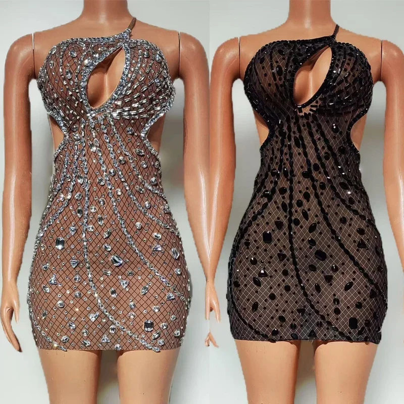 

Rhinestones Birthday Party Dress Women Cutout Evening Dresses Bar Nightclub Dj Ds Pole Dance Outfit Stage Performance Wear