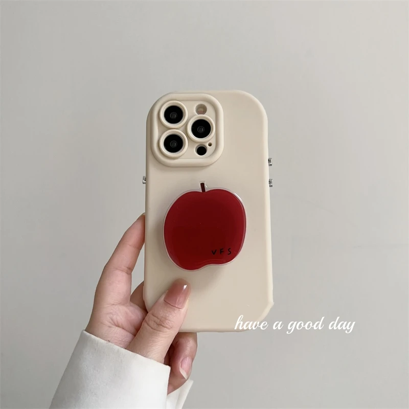 Korea Ins Kawaii Red Fruit Bracket Creative Phone Case For IPhone 15 14 13 12 11 Pro MAX XS XR X Cute Shockproof Back Cover