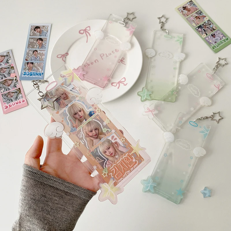 

Clear Angel Wings Photo Card Holder 4Grid Acrylic Hanging Pouch for Girls Student Cartoon Star Design Long Photo Display Sleeves
