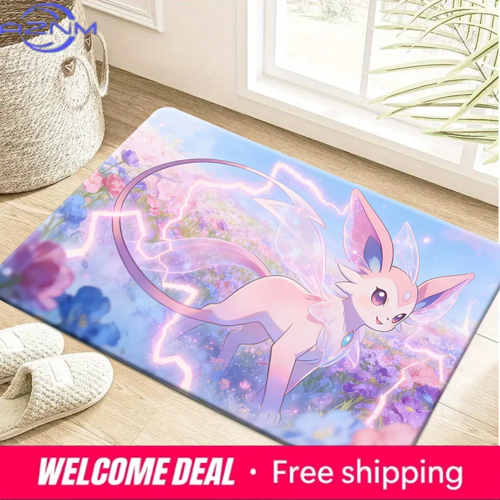 Espeon with Magical Lightning and Flowers Print Non-slip Doormat, Soft Absorbent Floor Rug for Home Decor