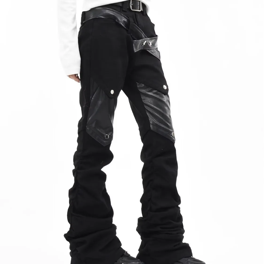 European and American Streetwear Pleated Pile Patchwork Men's and Women's Cyberpunk Rock PU Straight Leg Micro Flare Jeans