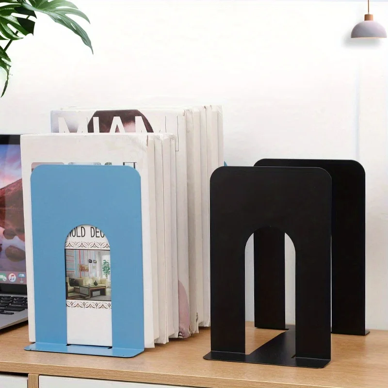 2pcs Polished Bookends, Simple Design Black Book Stand for Library, Students, Office Desk Organization