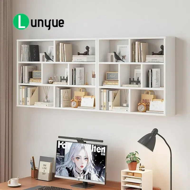 Solid Wood Wall Mounted Bookshelf Floating Storage Rack with Baffle Hanging Cabinet for Student Room Home Decor Picture