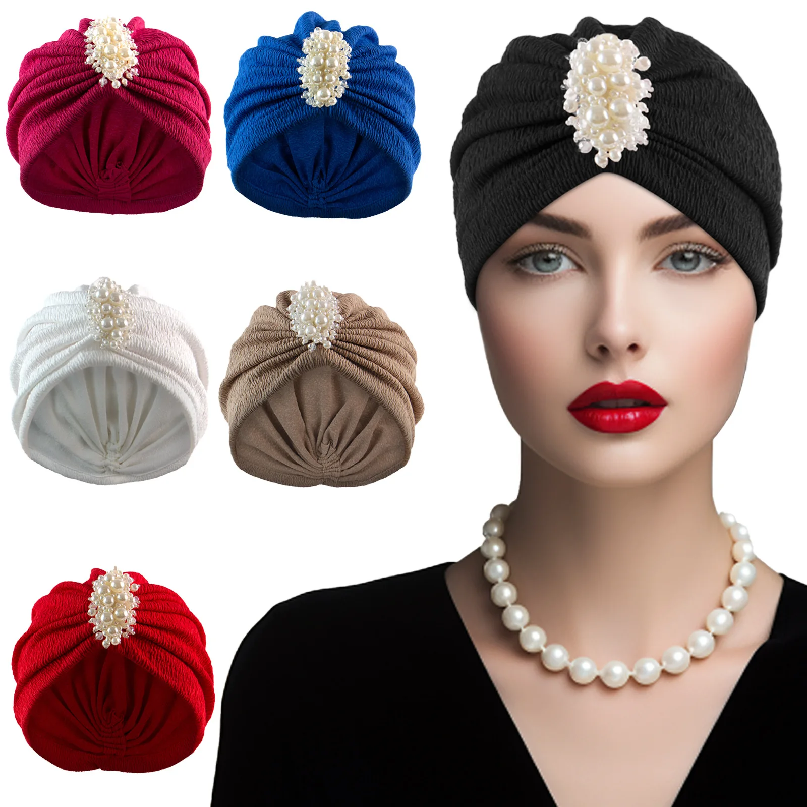 

Indian Hat Pearls Bonnet Muslim Hijab Women Chemo Cap Pleated Headscarf Beads Beanies Islamic Hair Loss Head Wrap Turbante Mujer